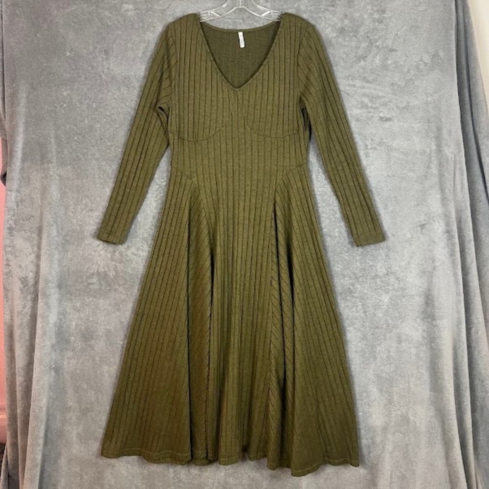 Halara Ribbed Knit V Neck Long Sleeve Flare Midi Dress Womens L Trapeze Casual